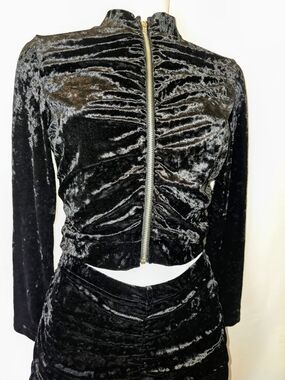 Black Velvet Ruched Zip-Front Two-Piece Set